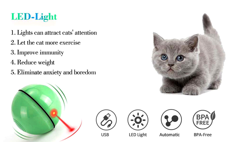 یک توپ تعاملی 360 درجه خود چرخشی با عملکرد تایمر نور LED  که غریزه شکار حیوان را تحریک می کند . بهترین هدیه ورزش سرگرمی برای اسباب بازی بچه گربه و توله سگ شما است.