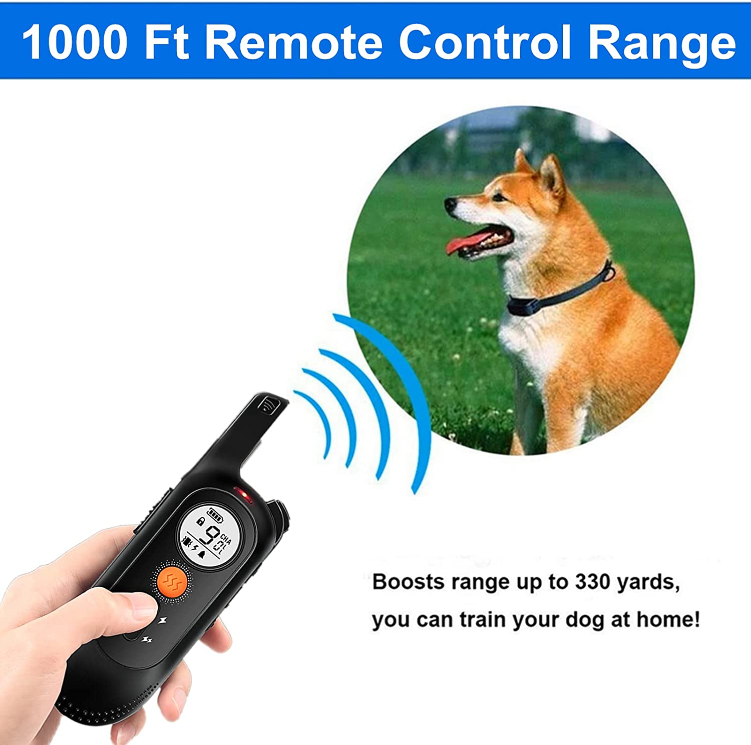قلاده آموزش ضد آب قابل شارژ با محدوده کنترل از راه دور 1000 فوت برای سگ های (10 تا 120 پوند) با حالت های شوک لرزشی بیپ