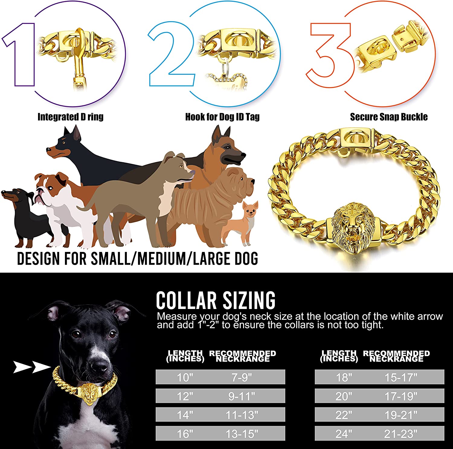زنجیر از جنس استیل ضد زنگ جلا داده شده با دست طلای 18 عیار با سگک طرح شیر سر، توصیه می شود برای آموزش یا راه رفتن سگ ها.