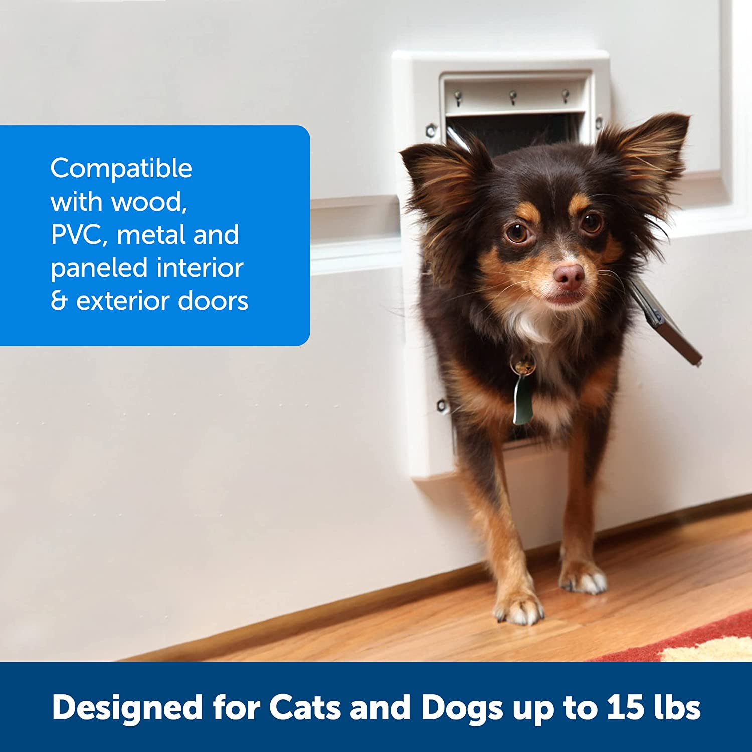 برای حیوانات خانگی تا وزن 15 پوند، قابل رنگ آمیزی، نصب آسان، با پوشش امنیتی گنجانده شده است، نصب در، درها یا دیوارهای داخلی و خارجی، بادوام و با  فلپ قابل تنظیم