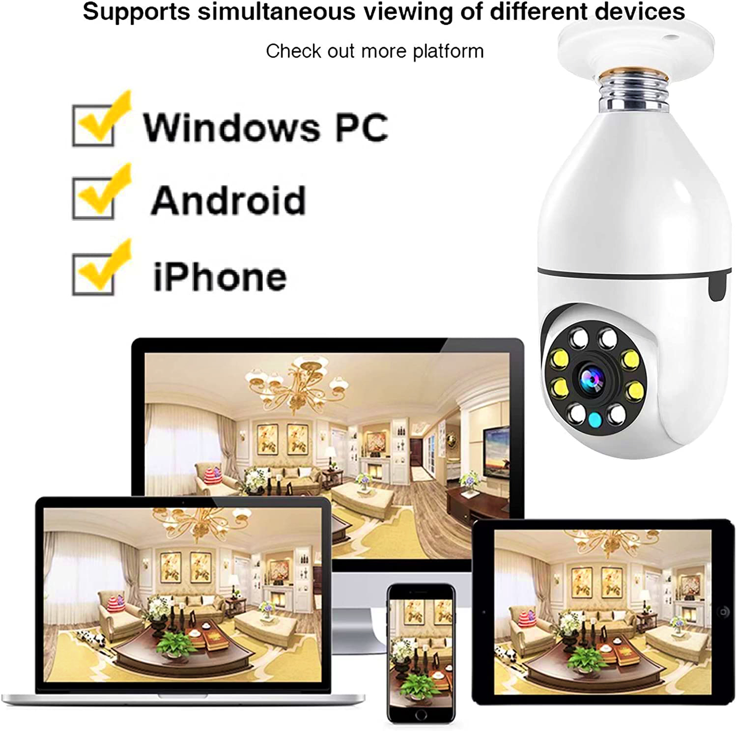 دوربین لامپ در فضای باز Wifi 1080P HD Bulb دوربین می تواند تصویر واضحی را حتی در شب ارائه دهد، دید در شب هوشمند دید در شب معمولی و دید در شب رنگی را فراهم می کند