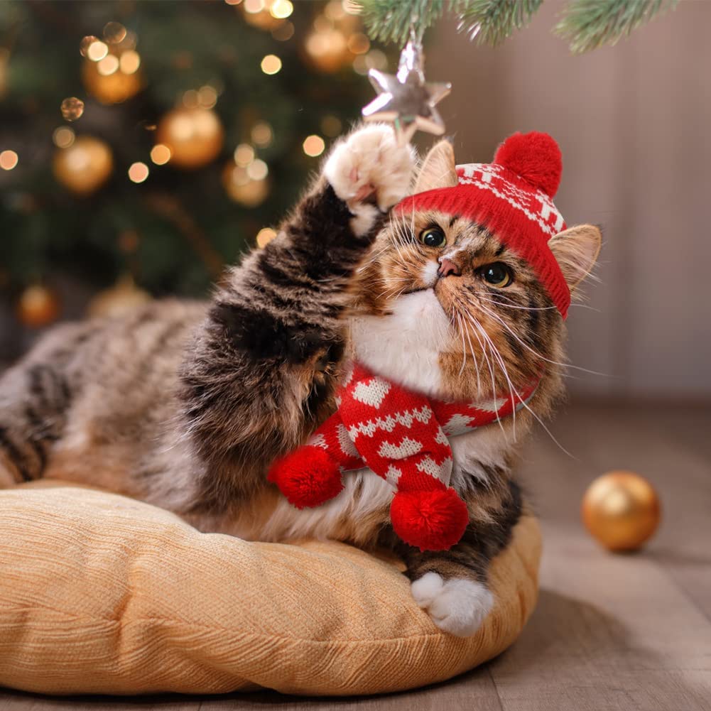کلاه بابا نوئل سگ Sheripet، شال و کلاه کریسمس سگ قرمز، لباس کریسمس با الگوهای دانه برف زیبا و گوزن برای گربه سگ های متوسط، 