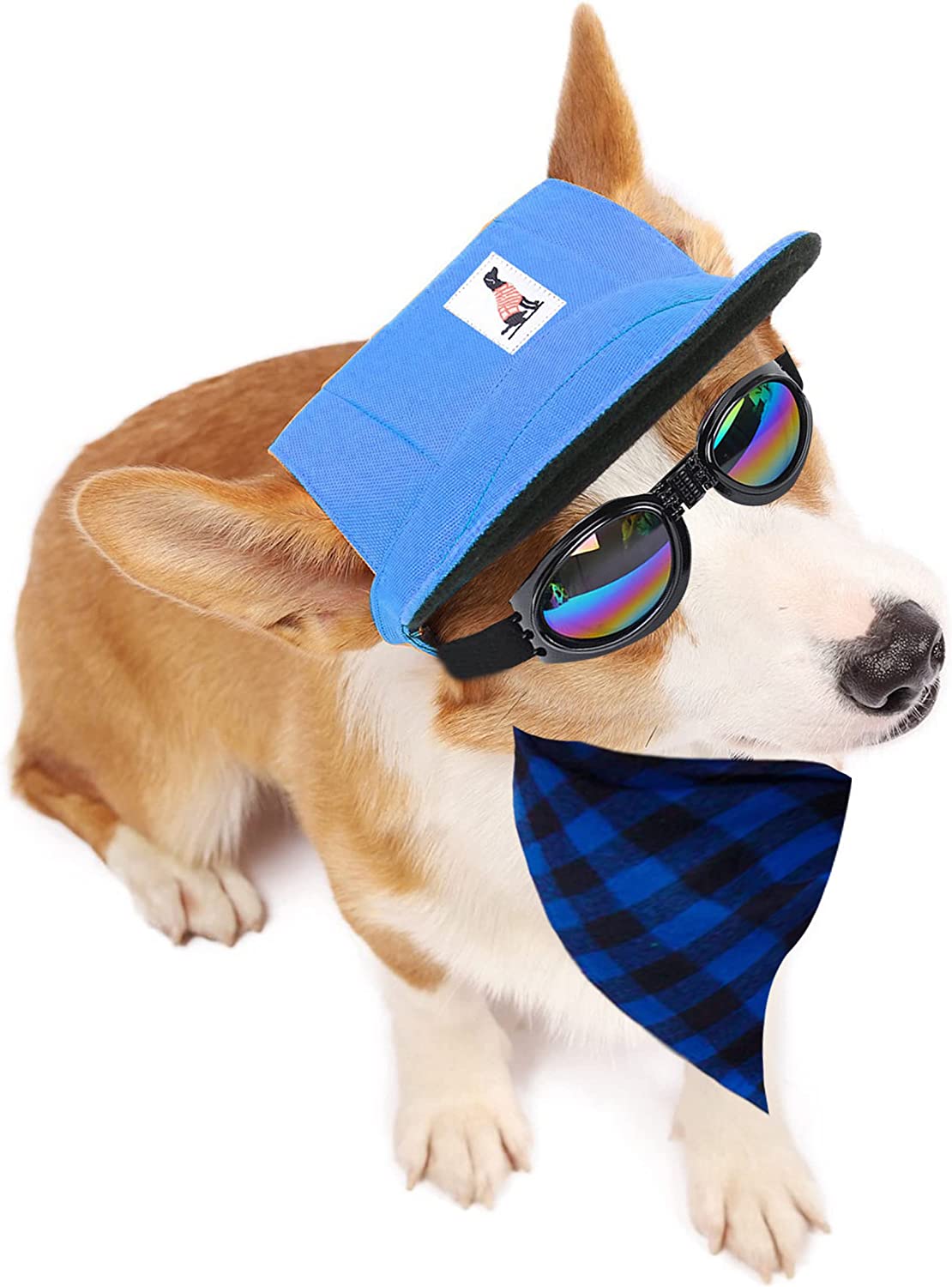  ترکیب کلاه عینکی بانداناس سگ 8 عددی - شامل کلاه های حیوان خانگی با طرح چهارخانه کلاسیک است که در چهار سبک توری قرمز و مشکی، توری مشکی و سفید، توری سبز و مشکی، و آبی و مشکی موجود است