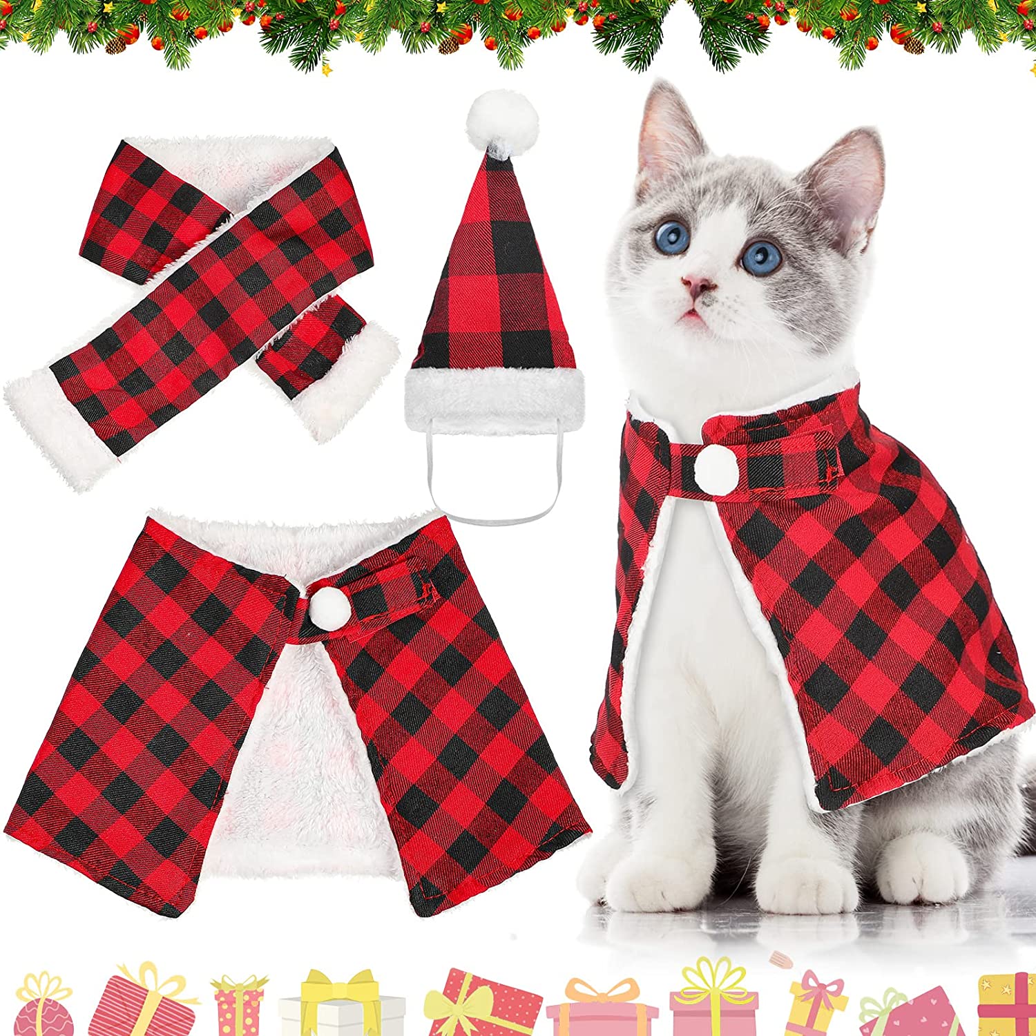 کلاه بابا نوئل سگ و روسری شنل گربه سگ کلاسیک لباس کریسمس گربه سگ شطرنجی برای سگ بچه گربه خانگی لباس سال نو کریسمس