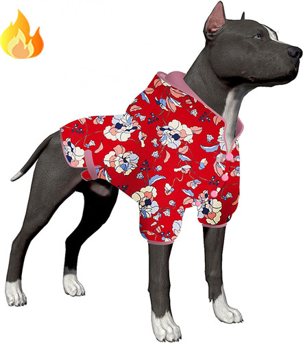 لباس‌های هودی LovinPet برای سگ‌های بزرگ: لباس‌های سگ گلدار قرمز پری هلویی با پارچه فلانل گرم