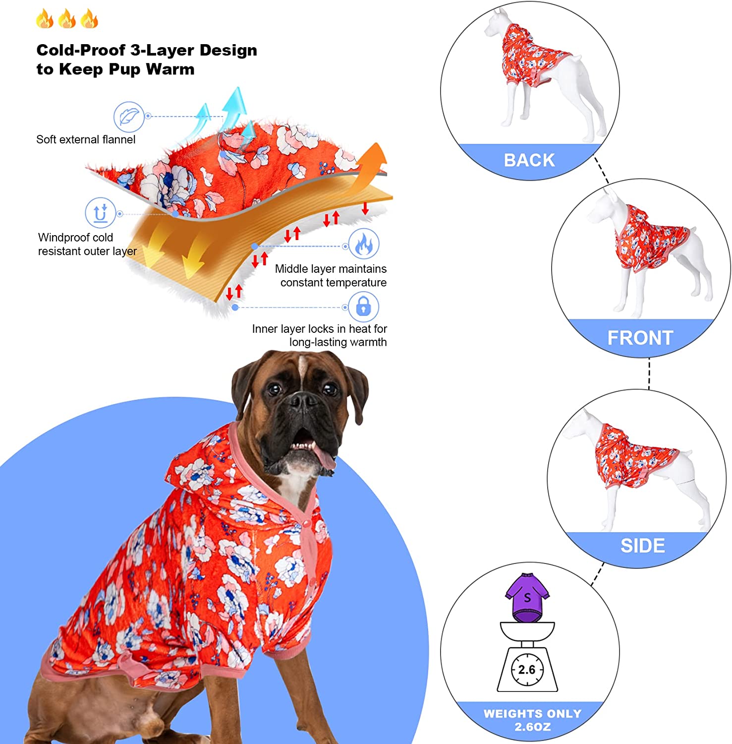 LovinPet عناصر مد و زیبا را با پارچه فلانل دنج با چاپ هلو قرمز گلدار به کار می‌گیرد، بسیار مناسب برای سگ‌ها در داخل و خارج از خانه. سگ شما قطعاً چشم نوازترین خواهد شد.