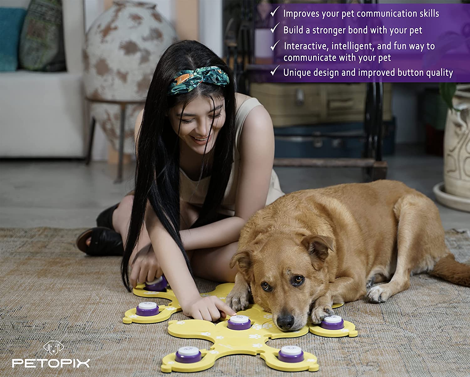  برخلاف اکثر دکمه های سگ موجود در بازار، مجموعه PETOPIX دارای 4 دکمه صحبت کردن سگ ساخته شده از میکروفون های با کیفیت بالا و بلندگوهایی است که صدای شما را به وضوح ضبط و پخش می کند