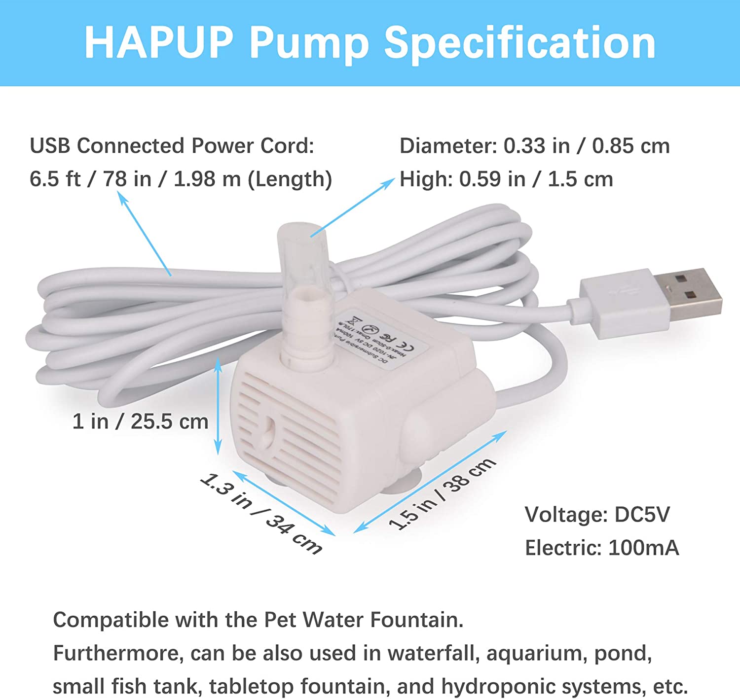 با سوئیچ جریان انتخابی 3 موقعیت و نازل پمپ 0.33 اینچی رزوه‌شده، پمپ فوق‌العاده بی صدا DC5V USB آبنمای حیوانات خانگی می‌تواند جریان آب کاسه آب فواره گربه را به‌طور پایدار تنظیم کند