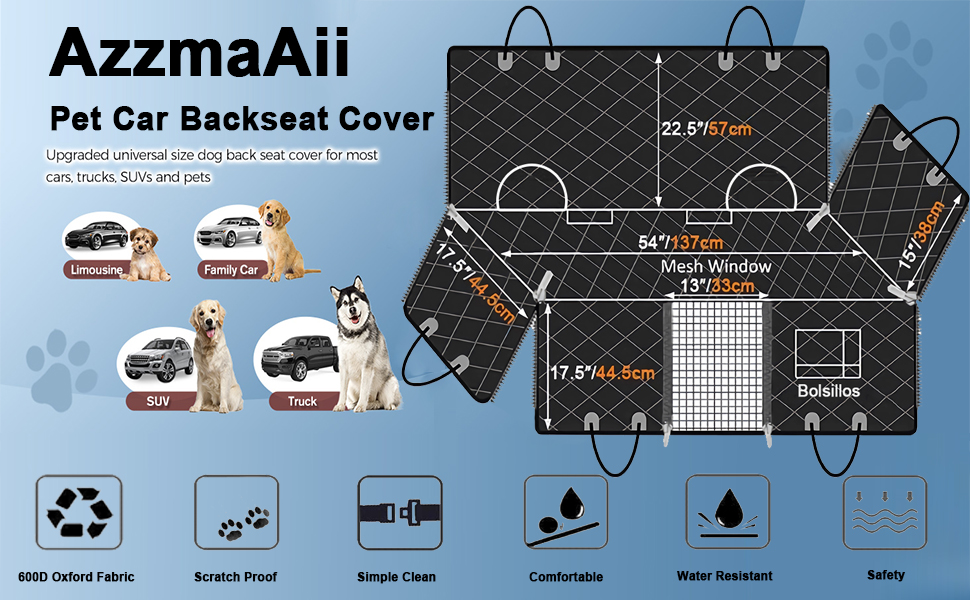 روکش صندلی ماشین سگ ، محافظ صندلی عقب ، ضد آب و ضد خش با پد جداشدنی توری و 2 کیسه ذخیره سازی، در برابر خاک خز   برند: AzzmaAii  کد : SM  622