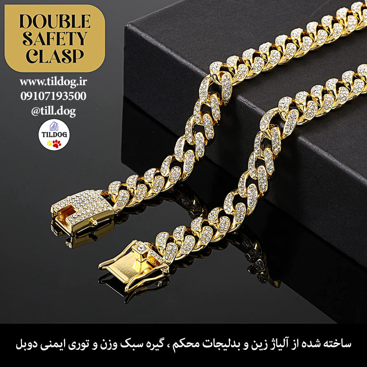 این قلاده با رنگ طلایی زیبا و جذاب حدود 66 گرم می باشد که در برابر سایش بسیار مقاوم بوده و براحتی زنگ نمی زند.