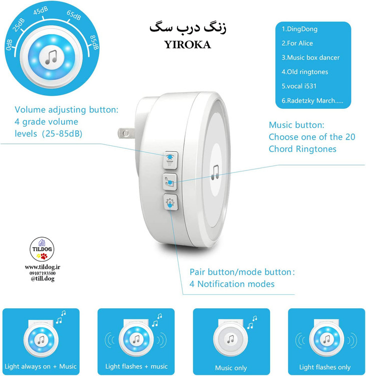 زنگ درب دکمهای فوقالعاده سبک دارد، بدون باتری و مادامالعمر، فلاش ، 20 ملودی و مناسب برای همه سگها است.