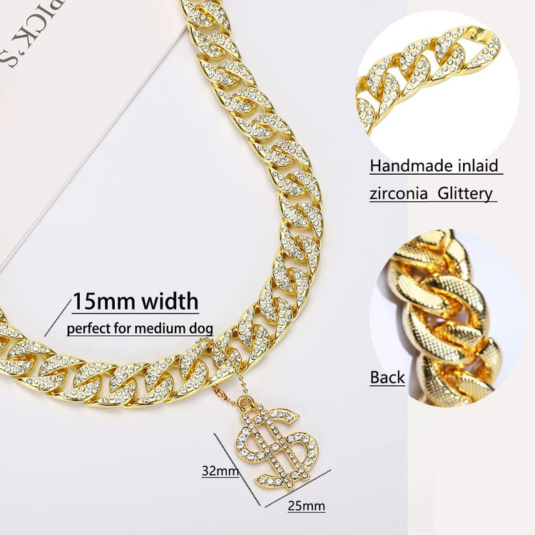 این قلاده طلای از زیرکون 14 میلی متری و زنجیر پیوند کوبایی دست ساز و الماس یخ زده و از نوعی آلیاژ بادوام ساخته شده است.