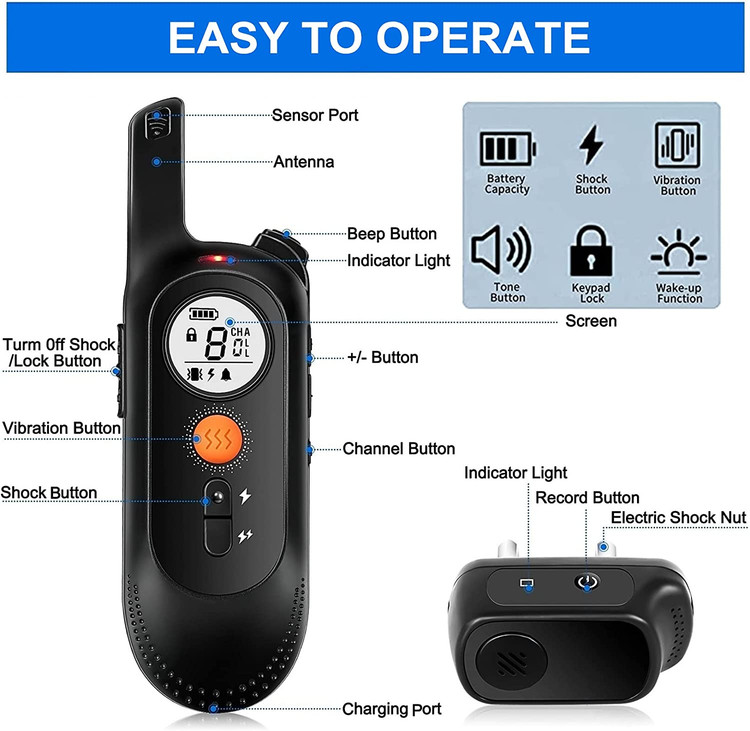 قفل صفحه کلید امنیتی و 3 حالت آموزش حالت های آموزشی: بوق، لرزش، شوک (سطح 1-9)، شما می توانید حالت آموزشی مناسب برای سگ خود را انتخاب کنید.