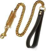 لیدزنجیر کوبایی محکم مناسب انواع سگ ،15 میلی متری فولاد ضد زنگ طلایی ،  دسته چرمی طبیعی فنری کم مصرف برای سگ های بزرگ و متوسط برای پیاده روی در بیرون