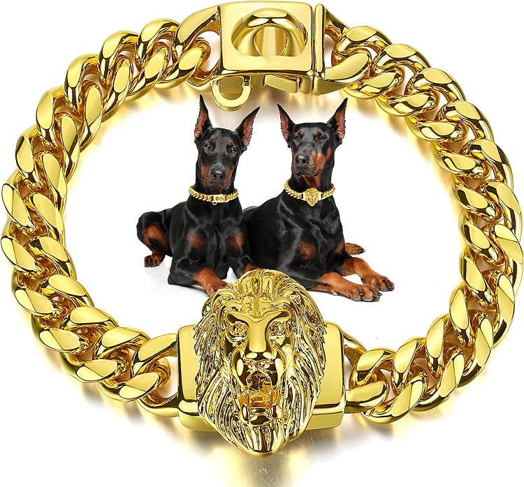 قلاده زنجیر سگ با آویز طرح شیر و سگک محکم با باز شدن سریع 18 عیار استیل ضد زنگ، برای سگ های کوچک متوسط (24 اینچ)