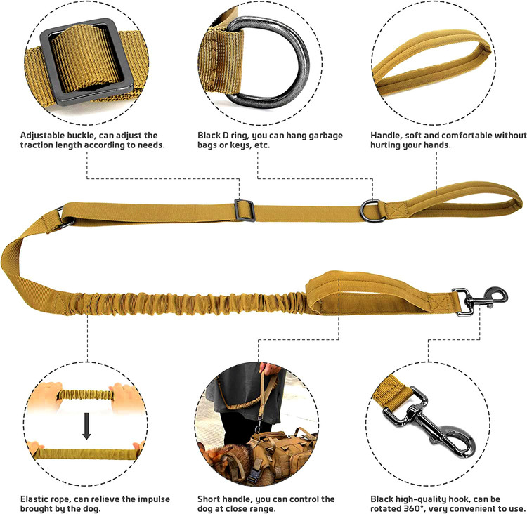 مجموعه کامل بند قلاده مهار تاکتیکی سگ شامل: 1 بند جلیقه سگ نظامی + 2 کیف کوله پشتی + 1 قلاده سگ آموزشی تاکتیکی با سگک آزاد کردن سریع + 1 بند سگ آموزشی بانجی قابل تنظیم با 2 دستگیره های پر شده + 3 تکه پرچم منعکس کننده.