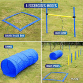 تجهیزات چابکی سگ مطابقت کاملی دارد. این مجموعه شامل تونل حیوان خانگی طولانی 59.05 اینچی، 8 میله مانع دو رنگ، جعبه مکث، مانع چابکی قابل تنظیم و کیف حمل برای حمل آسان در هر زمان است.