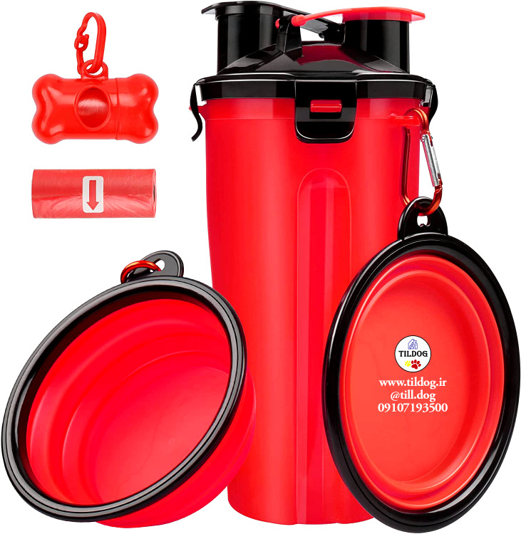 یک بطری آب قابل حمل سگ با کیسه مدفوع سگ برای پیاده روی، کمپینگ و پیاده روی