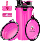 کاسه های سگ مسافرتی با ست بطری همراه با یک بطری آب و دو کاسه سیلیکونی جمع شونده با گیره های کارابین و یک کیسه زباله سگ