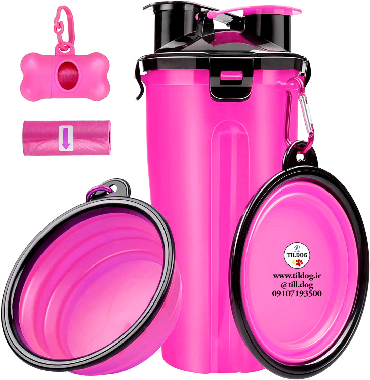 کاسه های سگ مسافرتی با ست بطری همراه با یک بطری آب و دو کاسه سیلیکونی جمع شونده با گیره های کارابین و یک کیسه زباله سگ