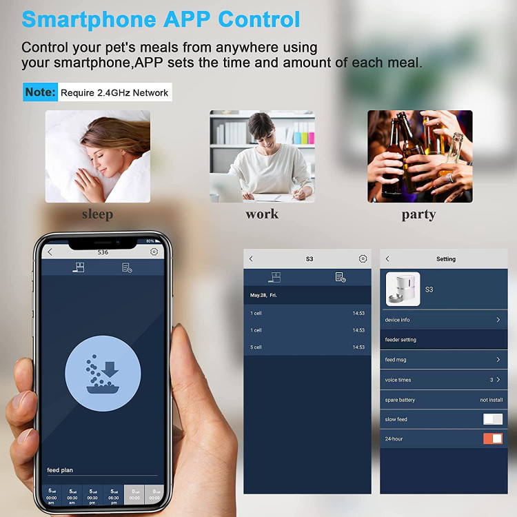 تغذیه خودکار از APP برای سیستم های IOS و Android پشتیبانی می کند. ابتدا فیدر اتوماتیک گربه را به وای فای وصل کنید و سپس می توانید از طریق اپلیکیشن تلفن همراه برنامه تغذیه کنید و حیوتهیه ان خانگی خود را از راه دور کنترل و غذا دهید.