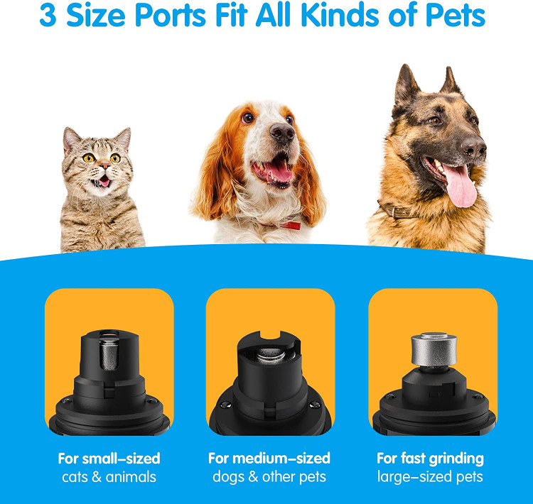 3 پورت مناسب انواع حیوانات خانگی از حیوانات خانگی کوچک، متوسط و بزرگ. انتخاب پورت و سرعت مناسب با توجه به اندازه ناخن های حیوان خانگی شما. این واقعاً آسیاب ناخن گربه سگ عالی است.