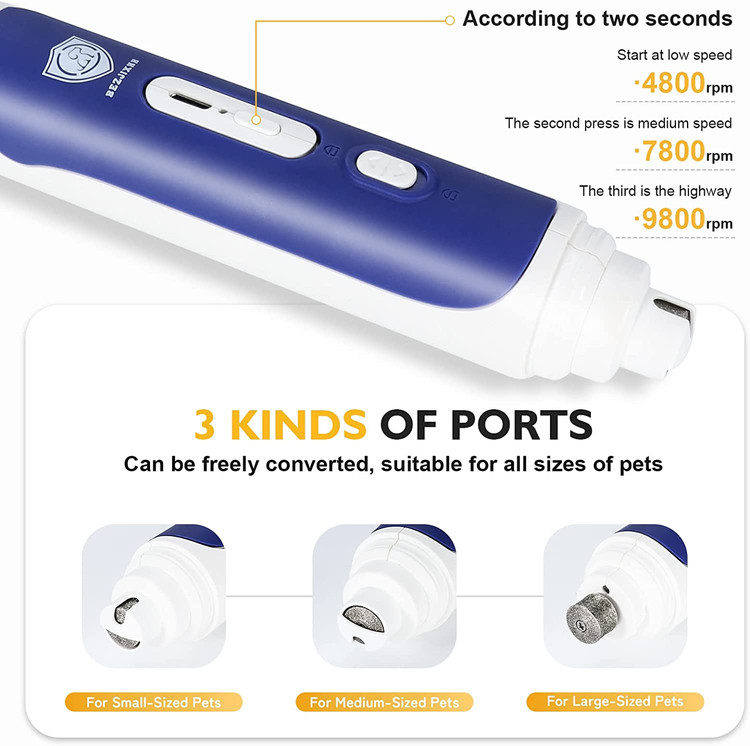 2 چراغ LED در این سمت وجود دارد. از آسیاب، و با 3 پورت برای مطابقت با حیوانات خانگی کوچک، متوسط یا بزرگ. 3 سرعت را می توان سوئیچ کرد. جک شارژ USB، قابل شارژ، مدت زمان طولانی، قابل حمل.
