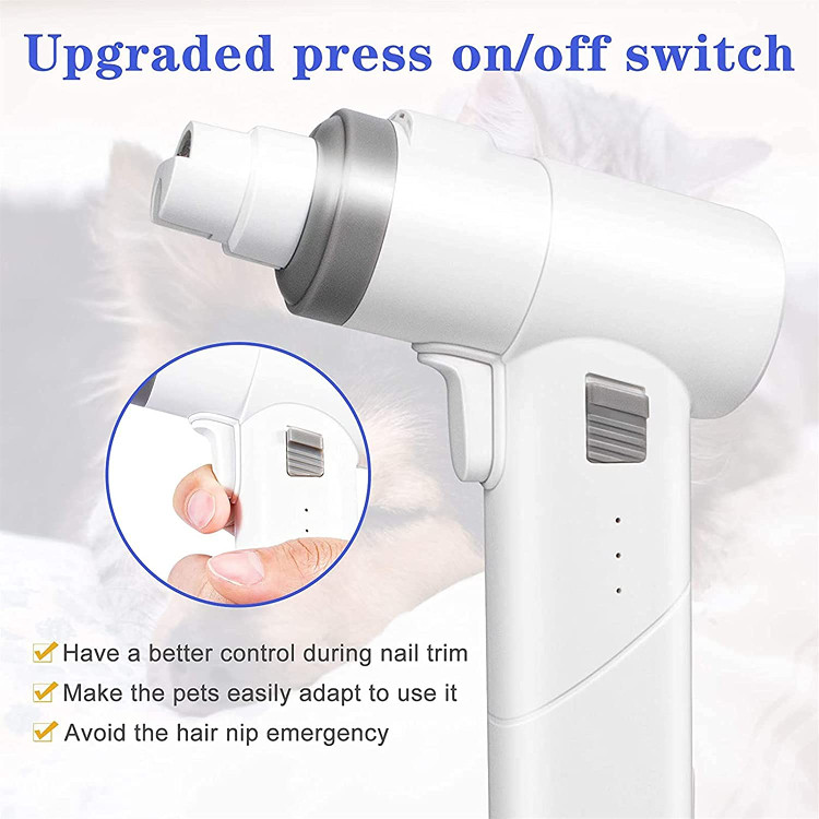 یک کلید روشن/خاموش اضافی اضافه شده مانند یک ماشه تفنگ، میتوانید شروع یا خاموش کردن آن را کنترل کنید، فقط سوئیچ را فشار دهید یا شل کنید، این بسیار مفید و ایمنتر است که کنترل بهتری در حین اصلاح داشته باشید، به خصوص برای حیوانات خانگی ترسو