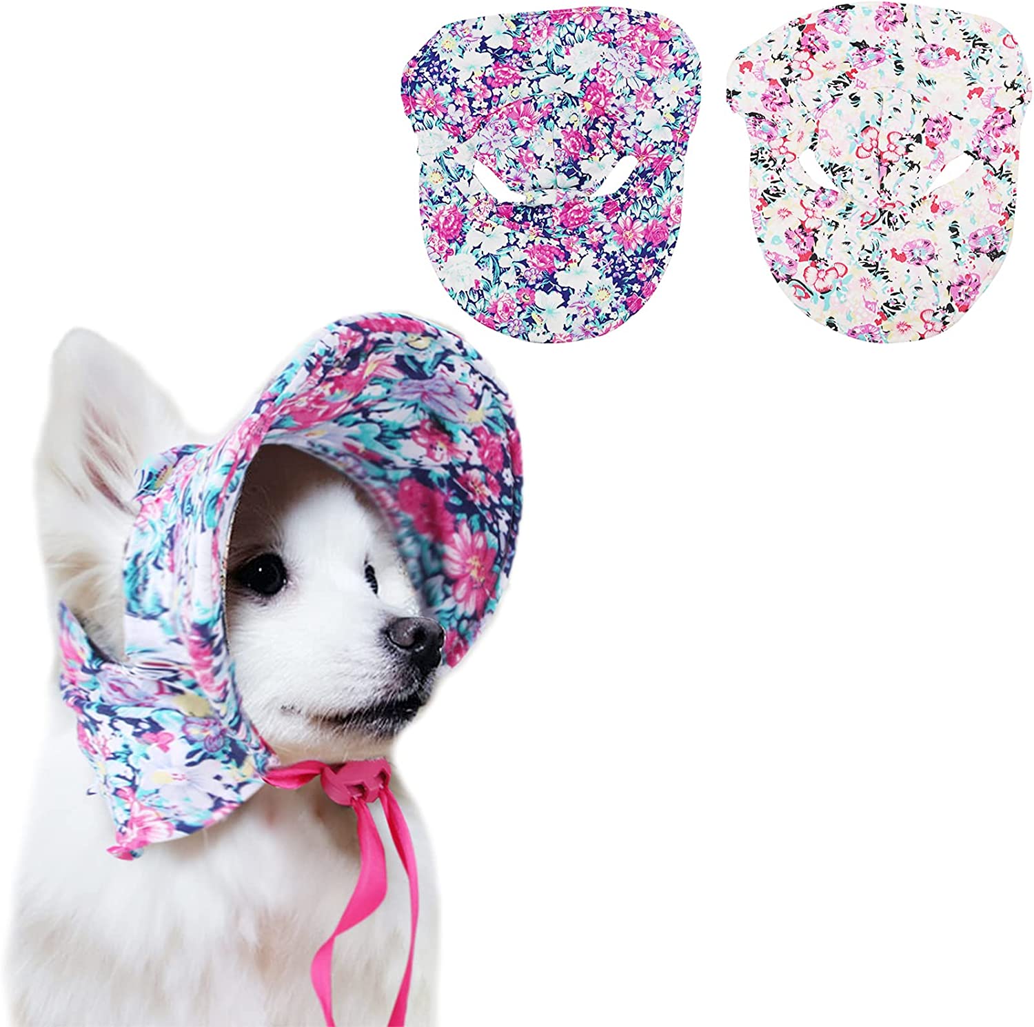 کلاه سگ Toysructin با سوراخ گوش، 2 عدد کلاه آفتابگیر گلدار برای سگ با بند کشی قابل تنظیم