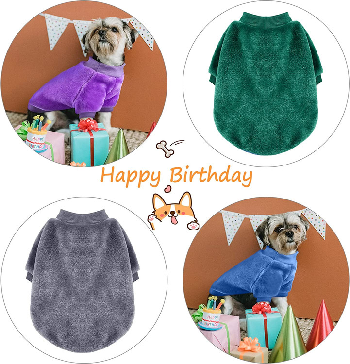 بسته شامل چهار رنگ مختلف ژاکت سگ در سبز، آبی، بنفش و خاکستری است