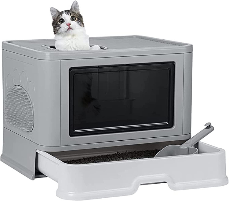 توالت سینی خاک گربه تاشو CHOT برای گربه های داخلی جعبه خاک گربه کاملاً بسته با درب و اسکوپ دستی نوع کشوی بزرگ توالت تشتک کف بچه گربه ضد پاشش ورودی ورودی بالا خروجی آسان برای تمیز کردن