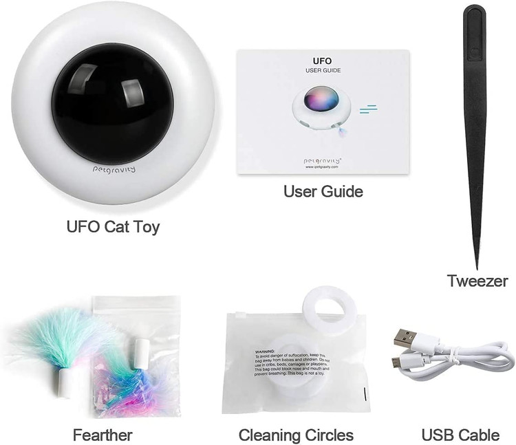 طراحی علمی تخیلی، یک اسباب بازی خودگردان 360 درجه یوفو، اسباب بازی های خودکار تعاملی گربه مانند چوب پر برای بازی با گربه عمل می کند.