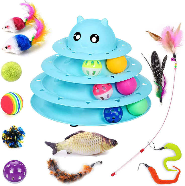 عدد اسباب بازی گربه برای گربه های داخل خانه، اسباب بازی های بچه گربه، ورزش غلتکی گربه 3 سطحی تعاملی، اسباب بازی توپی تیزر گربه، ماهی گربه ای، موش گربه و گرز پر جمع شونده گربه