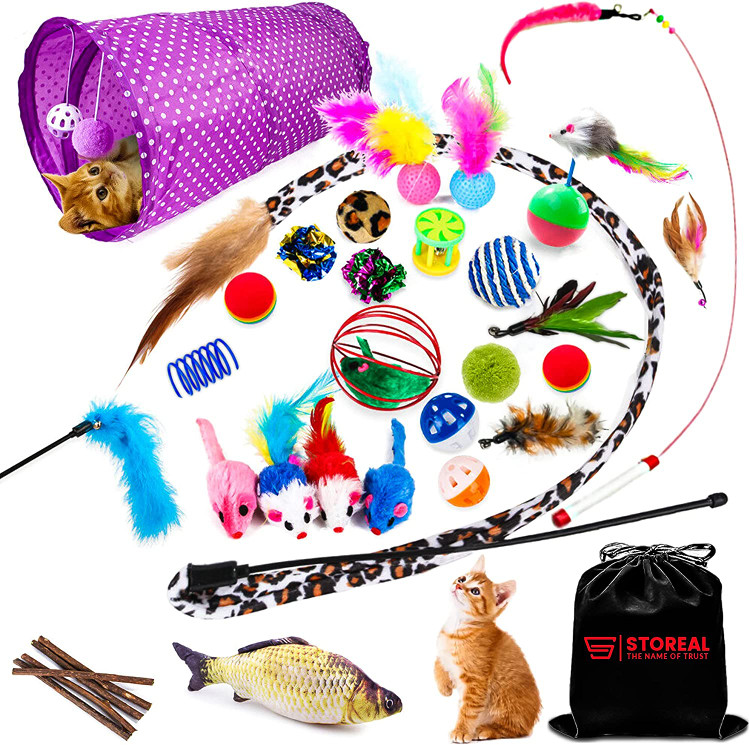 ست اسباب بازی های گربه 33 عددی، مجموعه اسباب بازی های بچه گربه، تونل دو طرفه برای گربه های داخل خانه، ماهی گربه ای، 2 چوب تیزر تعاملی با 4 پر، موش های کرکی و موارد دیگر