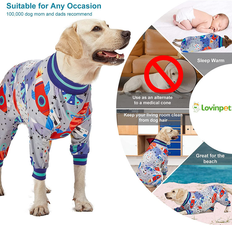 لباسهای بدن سگ برای سگهای بزرگ دارای عملکردهای محافظت در برابر آفتاب و ضد لیسیدن، کاهش ریزش مو، آرامکننده اضطراب است و باعث میشود سگهای ما در شب در تمام فصول و بسیاری از تعطیلات احساس گرما و راحتی کنند.