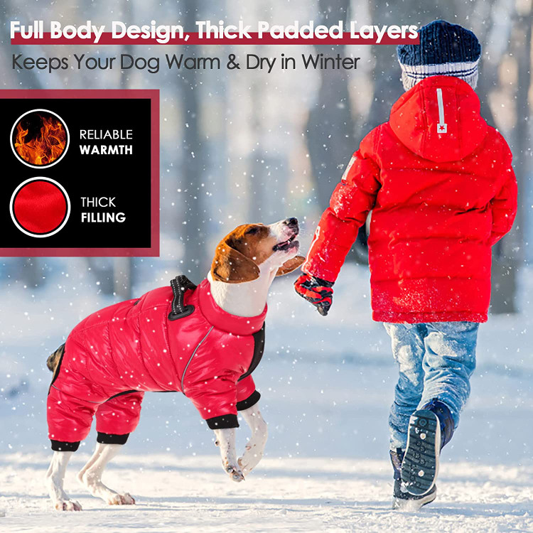 لباس برفی تمام بدن سگ ما دارای 2 زیپ و طراحی محکم بسته می شود. به عنوان یک تناسب مطمئن محافظ زیپ بدون درد روی ژاکت سگ از گیر کردن موها جلوگیری می کند.