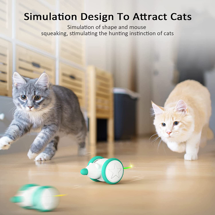 اسباب بازی گربه برقی با سنسور اجتناب از مانع داخلی هوشمند. میتواند در جهتهای تصادفی اجرا شود و هنگامی که به دیوار، مبلمان یا موانع دیگر برخورد میکند دور میشود و پس از واژگونی بهطور خودکار تنظیم مجدد میشود.