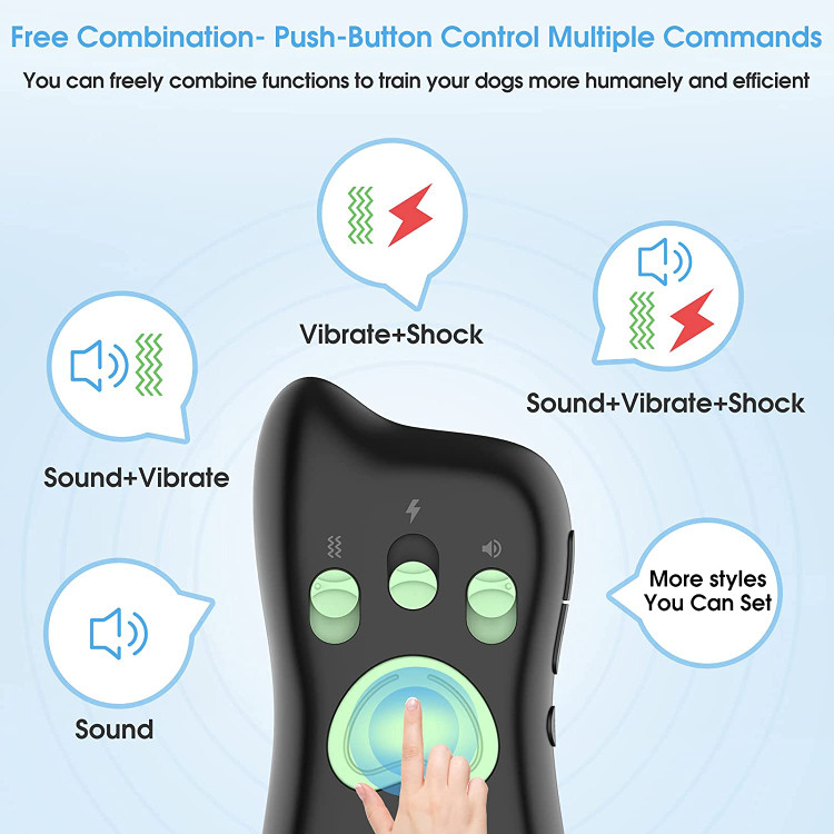 به عنوان قلاده شوک سگ با ریموت (کنترل دستی)، کنترل با صدای سفارشی/لرزش/شوک بدون شوک. به عنوان یقه پارس (کنترل خودکار)، دارای یک حالت تصحیح پیشرونده داخلی است،