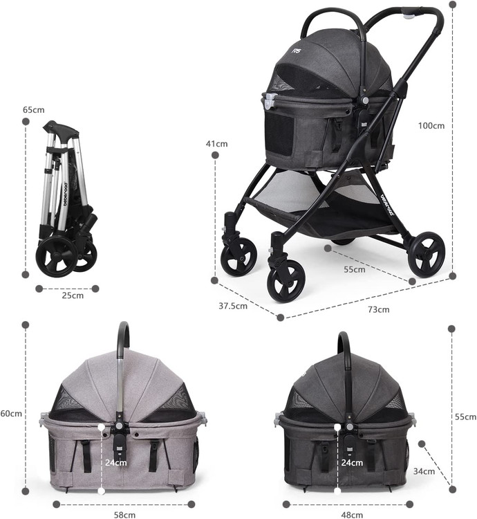 چرخ ها برای کاهش لرزش سطح جاده بزرگ هستند و از مواد EVA استفاده می شود که همچنان برای جذب لرزش خوب است و آن را در حین رانندگی دوستدار حیوانات می کند، چرخ ها همچنین می توانند 360 درجه بچرخند، ترمز دستی چرخ های عقب را در برابر غلتیدن ناخواسته ایمن می کند