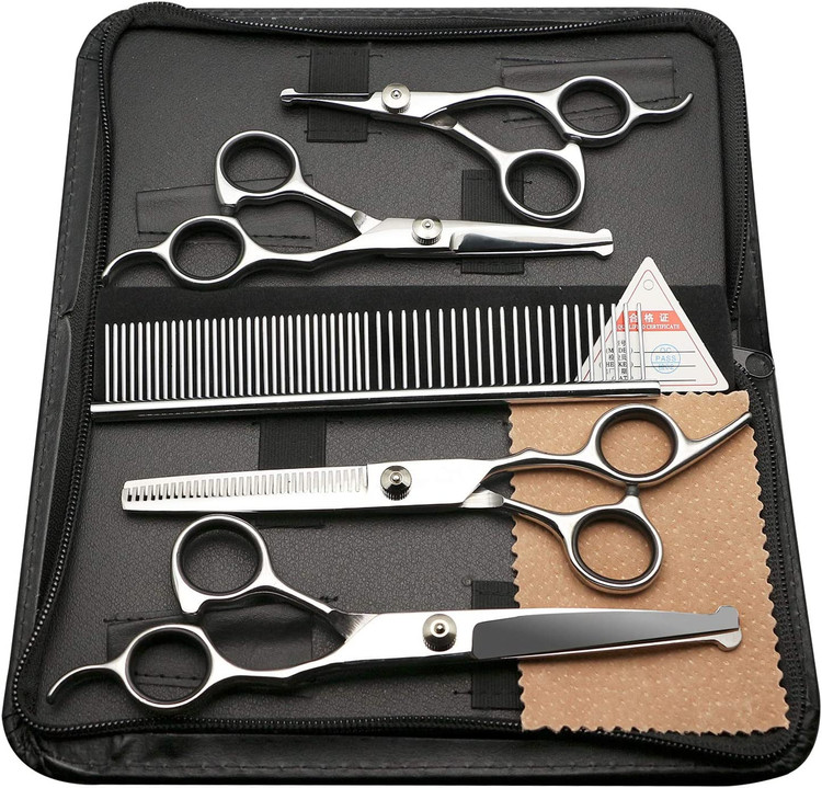 کیت قیچی نظافت حیوانات خانگی 5 تکه حرفه ای 5 تکه قیچی نظافت حیوانات خانگی کیت مراقبت از مو برای گربه سگ با قیچی منحنی نازک کننده و ست شانه نظافت استیل