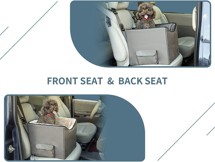 صندلی ماشین سگ برای سگ های کوچک دارای کمربند ایمنی برای ثابت کردن صندلی برای جلوگیری از سر خوردن آن در ماشین، و حلقه ای برای قلاب کردن دسته سگ برای عدم پریدن به بیرون طراحی شده است و احتمال آسیب را کاهش می دهد.