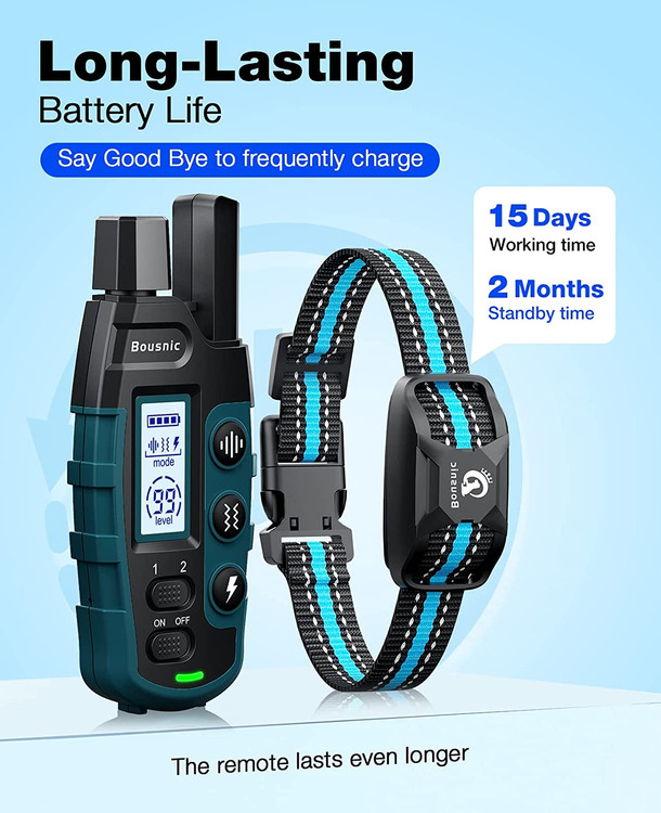 قلاده شوک سگ Bousnic دارای 3 حالت آموزش انسانی با بوق قابل تنظیم (سطح 1-8)، لرزش (سطح 1-16)، شوک ایمن (سطح 1-99) است.