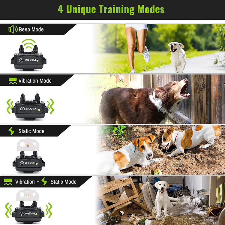 قلاده سگ برقی چهار عملکرد موثر با 0-100 سطح تحریک برای آموزش (بوق، ارتعاش، لرزش و حالت استاتیک و استاتیک) برای حل مشکلات رفتار غیرقابل کنترل سگ فراهم می کند.