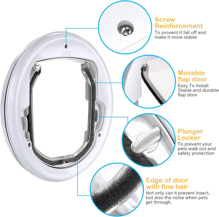 اندازه قطر خارجی درب 11.8 اینچ و طول درب فلپ 8.5 * 7.2 اینچ است. ضخامت کلی درب گربه 1.65 اینچ است. هم برای گربه ها و هم برای سگ های کوچک مناسب است.