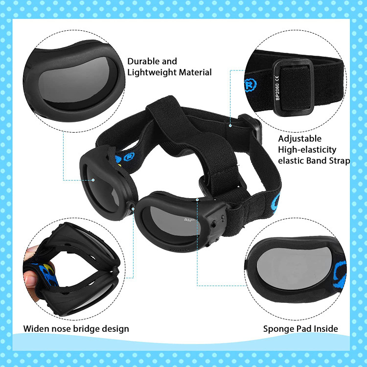 عینک های سگ دارای نوارهای الاستیک قابل تنظیم برای سر و چانه هستند، مناسب برای اندازه های مختلف شکل سر که می تواند به حیوانات خانگی شما اجازه دهد کلاه حیوان خانگی را بپوشند و راحت بخوابند.