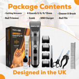 همراه با کلیپر، ما عرضه می کنیم. قیچی برش، صاف کننده ناخن، شانه، سوهان ناخن، 4 محافظ، پاک کننده و برس برای نگهداری تیغه و شارژر USB.