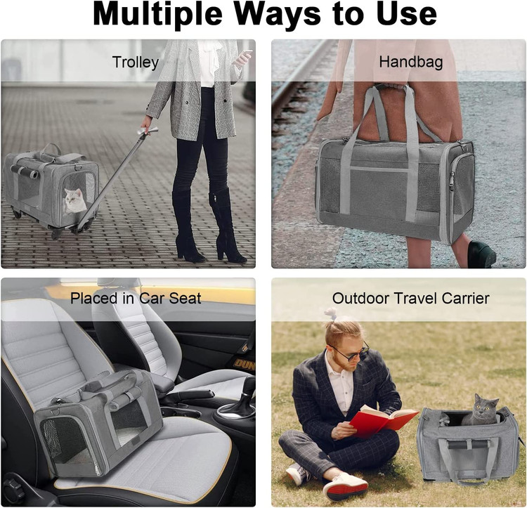 کالسکه مسافرتی حیوان خانگی ما دارای چرخ و پایه قابل جدا شدن است، می توانید از آن به عنوان یک چمدان چرخان برای سفر با حیوانات خانگی خود استفاده کنید