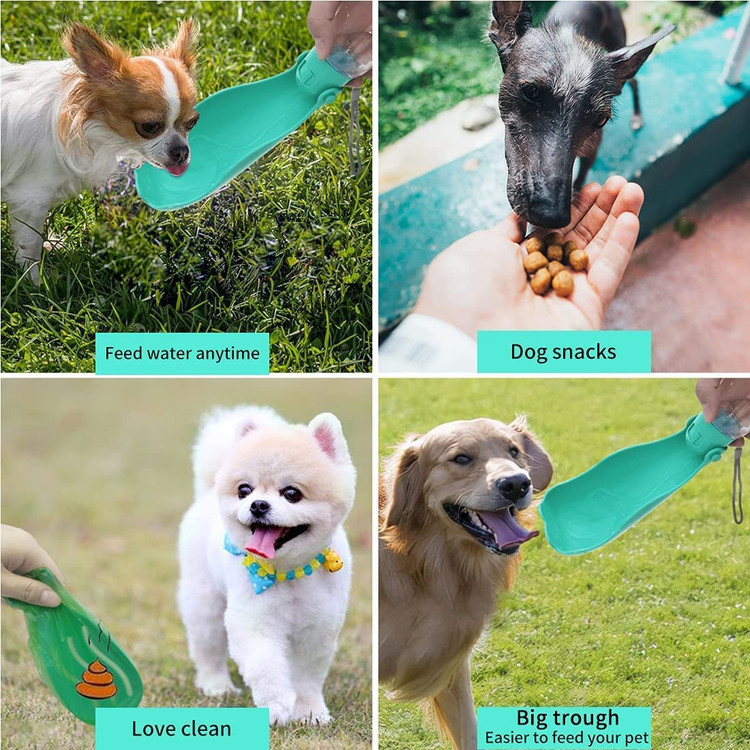 این بطری آب حیوان خانگی نه تنها آب، بلکه غذای سگ را نیز ذخیره میکند، همچنین یک بیل مدفوع مخفی قابل جابجایی و یک سازماندهنده کیسه زباله در پایین.