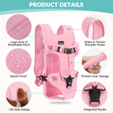 کوله پشتی حمل سگ به راحتی با سگک هایی که جلوی سینه، پاهای کناری و کمر صاحبش را محکم می کند، قرار داده و درآورده می شود.