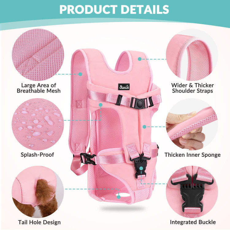 کوله پشتی حمل سگ به راحتی با سگک هایی که جلوی سینه، پاهای کناری و کمر صاحبش را محکم می کند، قرار داده و درآورده می شود.